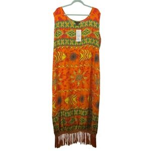 Magic Women Plus Size 3X Maxi Dress Resort Orange Tropical Fish Geometric Fringe